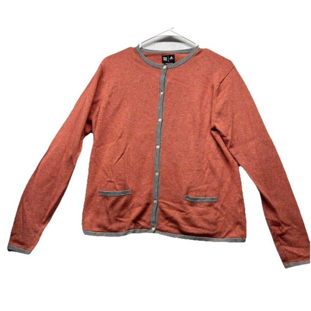 Vintage Adidas Women's Cardigan Sweater Silk Cashmere Orange Gray 3 Stripe Sz L